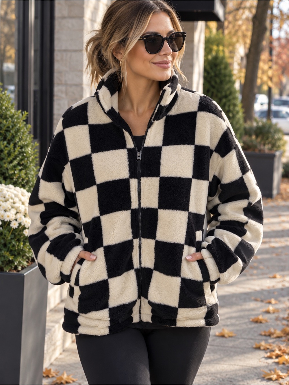 Women/Girls Black & Beige Checkered Fleece Zip-Up Jacket Size XL